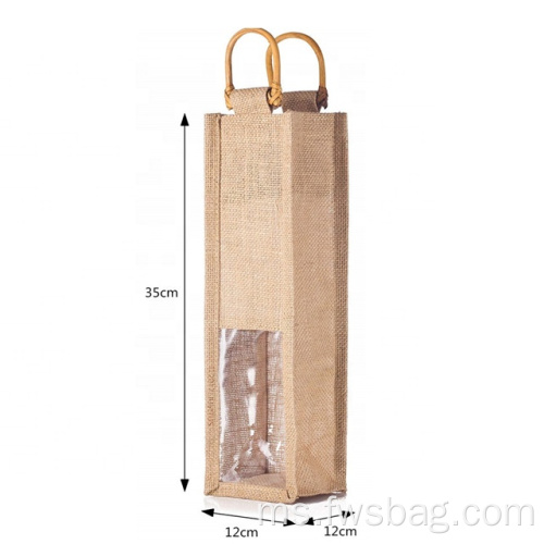 Promosi Kitar Semula Tahan Lama Kitar Semula Botol Single Jute Lihat-Melalui PVC Window Window Burlap Wine Bags With Bamboo Handle